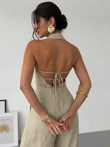 Firerie 女士优雅新款春夏亚麻质感连体裤，复古现代不对称领无袖露背蝴蝶结装饰修身黑色办公连体裤，适合音乐会、舞会和狂欢节等场合。 - 杏色 - 查看 2