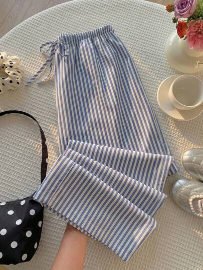 Comfortcana Pantalones con estampado de rayas casual, adecuados para uso diario, fiestas, aeropuertos, salidas de verano - Pantalones de mujer de cintura baja con lazo en la cintura