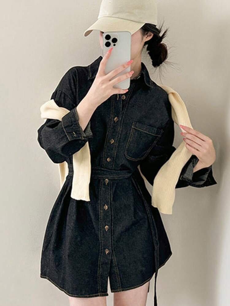 Vintage Waist-Cinched Polo Collar Denim Dress For Women
