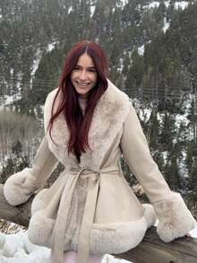 Abrilcols Fuzzy Collar Belted Coat - Beige - View 3