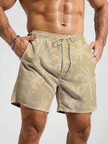 Manfinity Swimmode Herrshorts med dragsko och kokosnötstryck i midjan, avslappnade semester- och strandkläder - Kaki - Visa 4