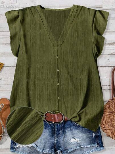 EMERY ROSE Camisa holgada de mujer de cuello en V y mangas cortas, verde oliva