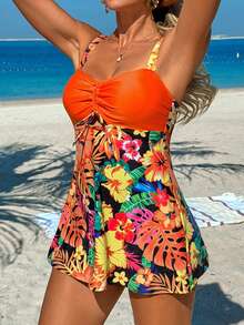 Swim Lushoire 女士热带花卉印花褶皱胸部吊带泳衣套装，优雅沙滩度假装，春夏款 - 彩色 - 查看 3