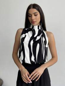 Firerie Blusa de mujer de cuello alto sin mangas con estampado geométrico/abstracto en forma de H - Negro - Ver 1