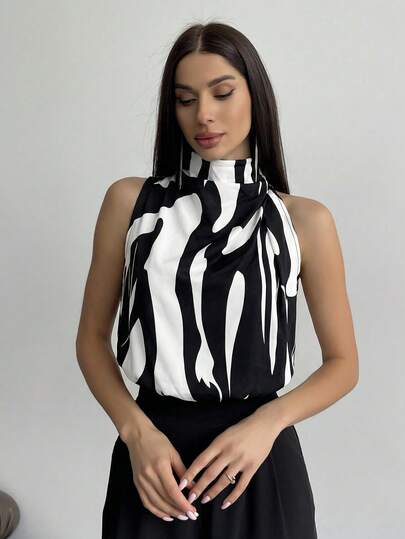 Firerie 印花高领无袖H型几何/抽象女式衬衫