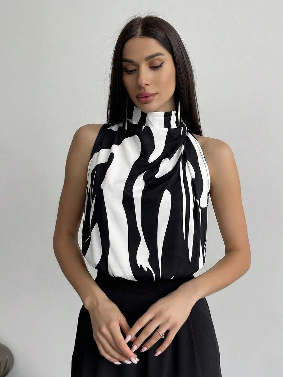 Firerie Blusa de mujer de cuello alto sin mangas con estampado geométrico/abstracto en forma de H - Negro - Ver 1