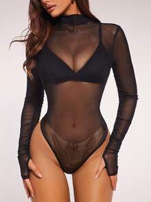 Radiana 女士性感休闲百搭黑色透视网纱长袖高领连体衣，黑色透视上衣，百搭上衣，日常休闲穿着，修身剪裁，适合夜晚、聚会、派对、俱乐部、夜店、鸡尾酒会、嘉年华、音乐节、假日等场合穿着 - 黑色 - 查看 1