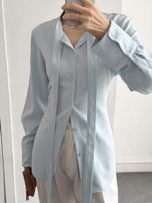 Livesso 女士系带腰身飘逸休闲办公衬衫 - 藍色 - 查看 5