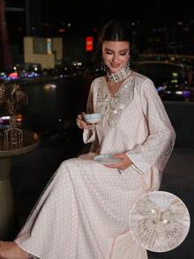 Layrah 宽松长袖连衣裙，网纱面料，蝴蝶贴花，时尚甜美 - 淺粉色 - 查看 2