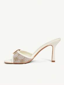 CUCCOO CHICEST Beige PU Color Scheme Small Rose Splicing Gold Buckle Design Fashionable And Sexy Elegant Round Toe High Heel Slippers - rice apricot - View 2