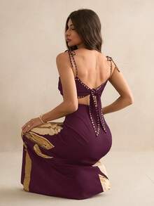 SHEIN Tall 女士波西米亚风香蕉树印花露腰露背无袖黑色连衣裙，假日休闲夏季连衣裙 - 中紫紅色 - 查看 6