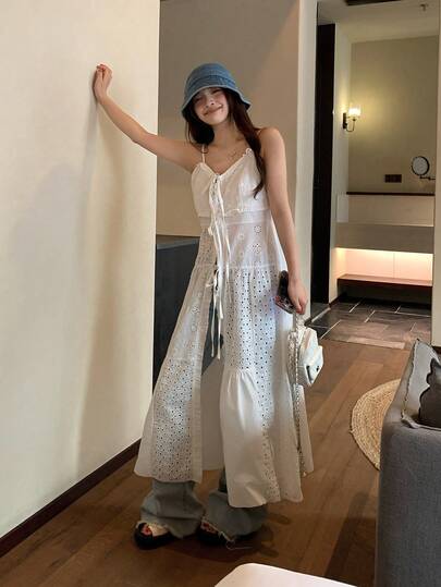 DAZY Women's Bohemian Lace Patchwork Spaghetti Strap Dress, Layered Beach Cover Up Dress With Slit, Vacation Style Long Dress