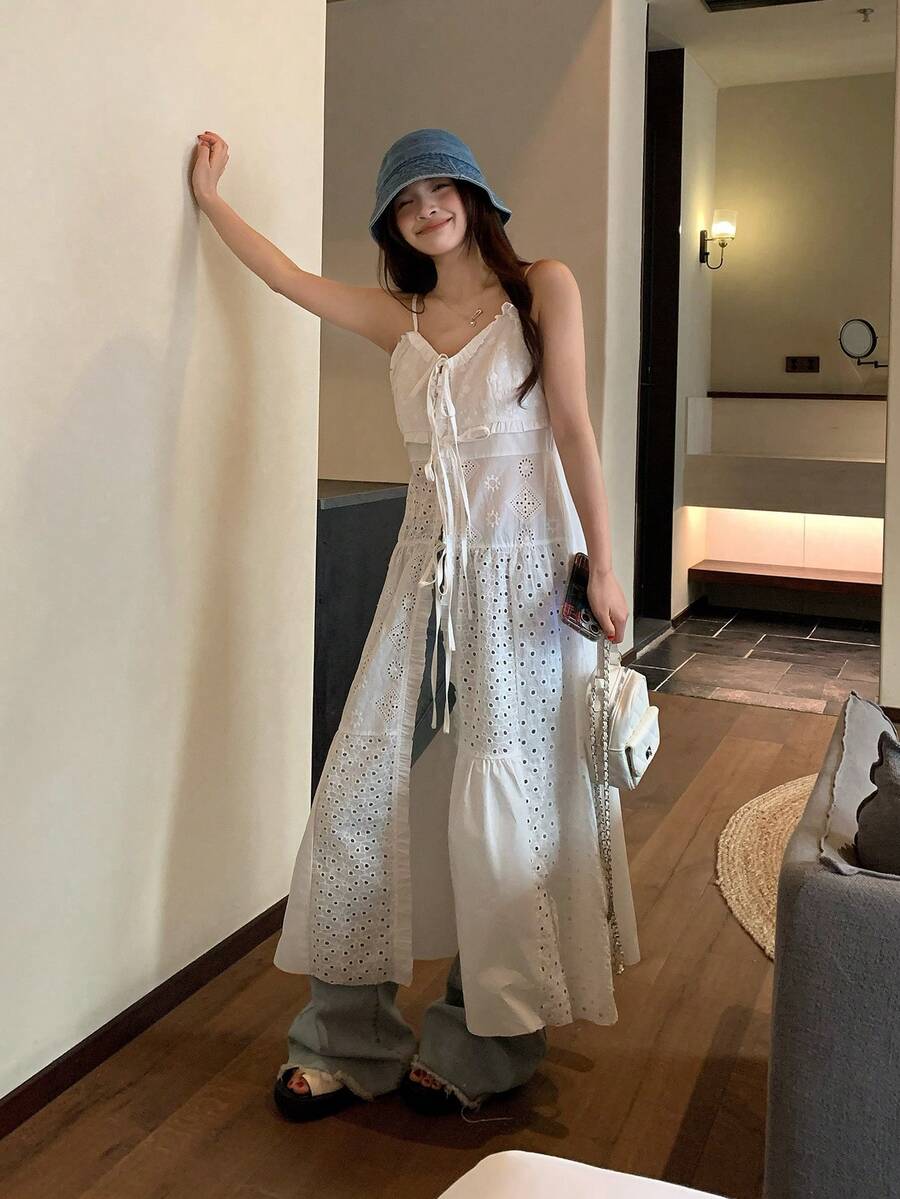 DAZY Women's Bohemian Lace Patchwork Spaghetti Strap Dress, Layered Beach Cover Up Dress With Slit, Vacation Style Long Dress - White - View 1