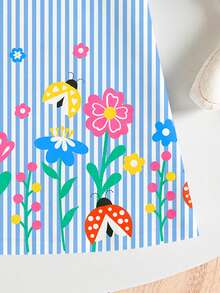 SHEIN Playful Pals Baby GirlColorful Floral & Ladybug Print Knit Ruffle Hem Striped Dress, Summer - Multicolor - View 3