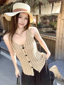 DAZY 女士手工针织吊带宽松度假风V领修身镂空开衫毛衣 - 杏色 - 查看 8