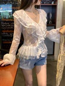 DAZY Women's Sexy Lace Hollow Long Sleeve Blouse With Ruffle Hem Vacation - White - View 8