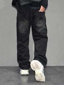 ROMWE MEN Street Life 男士休闲日常百搭牛仔裤，带腰带环 - 黑色 - 查看 2