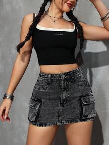 SHEIN PETITE Chân váy mini ôm sát gợi cảm nhiều túi bằng vải denim, thích hợp cho mùa hè. - Xám - Xem 5