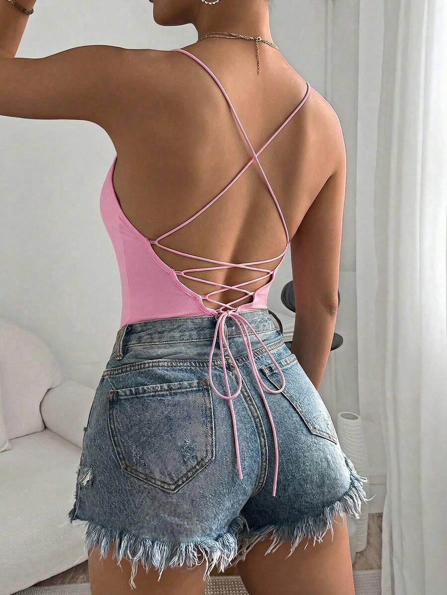 SHEIN Essnce 纯色吊带露背无袖休闲系带连体衣,夏季 - 粉色 - 查看 1