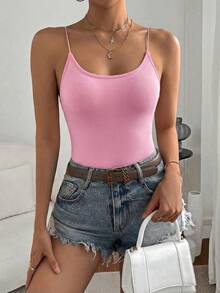 SHEIN Essnce 纯色吊带露背无袖休闲系带连体衣，夏季 - 粉色 - 查看 3