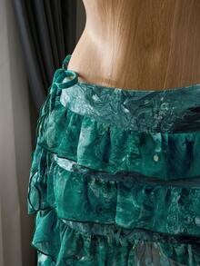 Bellisia Summer Women 3-Piece Set Marble Print Beaded Accessories Halter Halter Triangle Top, Tie Side Bikini Bottoms, Layered Cake Skirt Swimwear Set - Multicolor - View 6