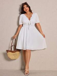 Elaquor Plus Size Women Contrast Lace Front Tie Short Puff Sleeve Fashionable Dress White Summer Dress Casual White Dress White Button Up Dress Spring Casual Vacation Outfit Women Spring Dress For Women Babydoll Dress Mini Dress, Summer Dresses - White - View 7