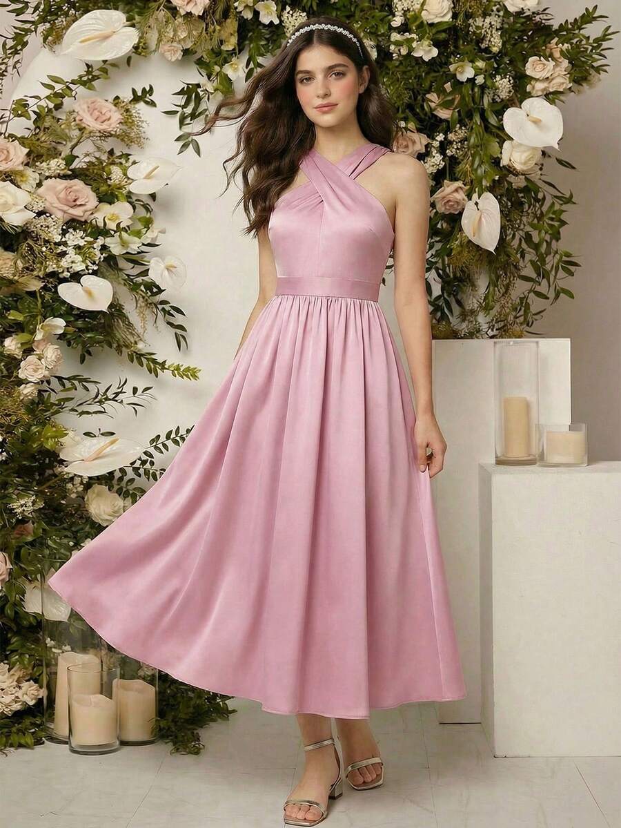 SHEIN 一件少女优雅缎面无袖露背褶皱腰身荷叶边连衣裙,适合青少年和年轻女孩,春夏款,适合日常、派对、婚礼等场合。 - 粉色 - 查看 1