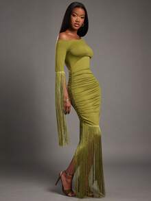 NYA SZN Dress Asymmetrical Off The Shoulder Long Sleeve Bodycon Fitted Ruche Fringe Detail Green Easter Valentine's Day St. Patrick's Day Spring Break Spring Summer Boho Elegant Luxury Event Party Occasion Mini Length Outfits For Women - Green - View 4