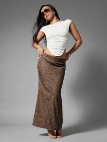 Denimoi Low Rise Light Weight Faux Leather Maxi Skirt With Back Slit Sexy Skirt GNO Fashion Girls Night - Brown - View 3
