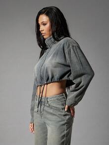 Denimoi Elastic Waist Toggle High Neck Zip Front Cropped Denim Jacket - Medium Wash - View 4