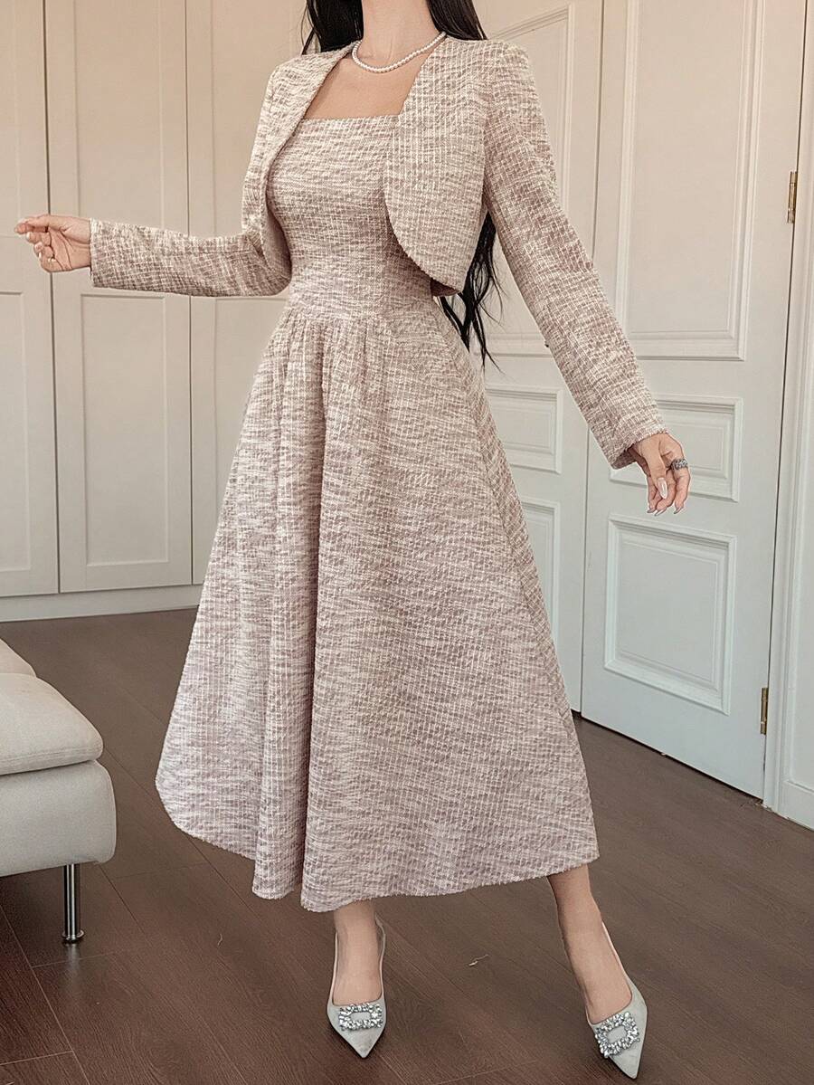 DAZY 女士开衫外套连衣裙两件套，时尚优雅，适合约会和派对穿着 - 粉色 - 查看 1