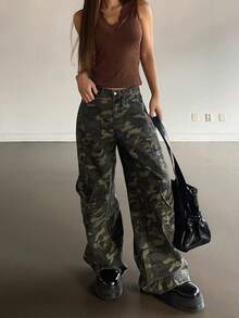 DAZY 女士水洗迷彩宽松工装裤，带大口袋，休闲街头风牛仔裤 - 軍綠色 - 查看 3