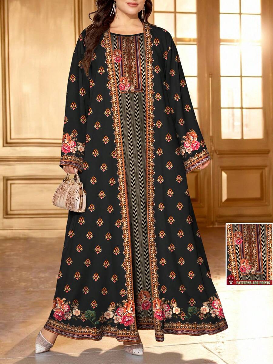 SHEIN Najma Women's Retro Floral & Herringbone Print Elegant Round Neck Maxi Dress With Abaya Cardigan, 2-Piece Set, Spring/Summer - Multicolor - View 1