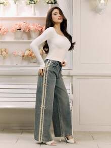 Criza Taa 新款女式碎花纽扣前长袖修身 T 恤，秋季女装 - 白色 - 查看 4