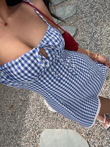 Aloruh Đầm ôm sát in họa tiết kẻ caro gợi cảm và dễ thương dành cho nữ. - Màu xanh nhạt - Xem 4