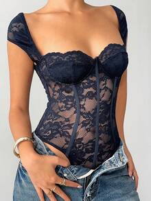 Aloruh Women's Fashionable Sexy Keyhole Neck Lace Bodysuit - Navy Blue - View 3