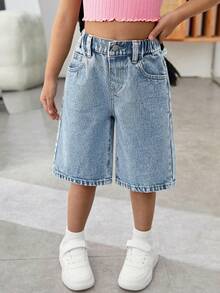 SHEIN Young Girl Y2K New Fashion Casual Soft Boho Pink Bowknot And Cherry Print Light Blue Loose Fir Cotton Denim Long Jeans Shorts Spring Summer,For Spring/Summer Dailywear,Streetwear,Beach,Vacation, Casual, Graphic Jeans,Short,4-Year-Old Shorts,Summer Shorts,Casual Shorts,Bowknot Shorts,Cherry Shorts - Light Wash - View 2