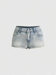 ROMWE Grunge Punk Y2K Sexy Slogan Print Distressed Washed Super Low Waist Denim Hotpants For Women - Multicolor - View 2
