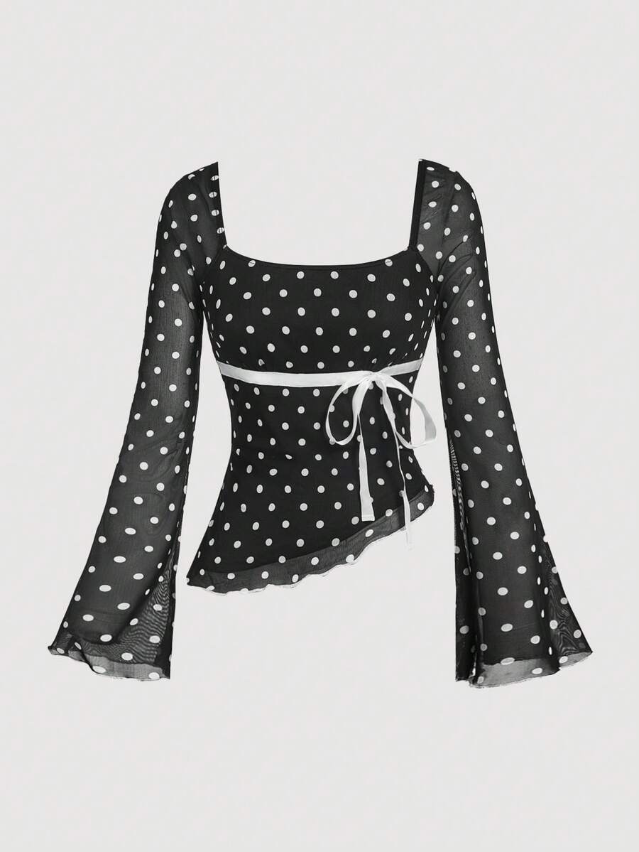 SHEIN MOD Áo thun lưới nữ tay loe chấm bi thắt nơ - màu đen - Xem 1