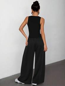 SHEIN PETITE 女士夏季演唱会服装街头风Y2K休闲日常运动装辣妹风V领束身衣弹力背心和宽松低腰裤两件套 - 黑色 - 查看 2