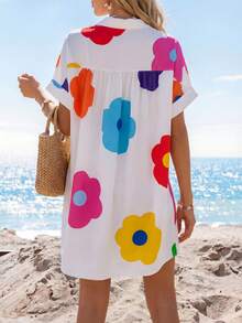 Sylviya Fashionable Casual White Dopamine Flower Printed Short Sleeve Shirt Dress With Buttons - White - View 2