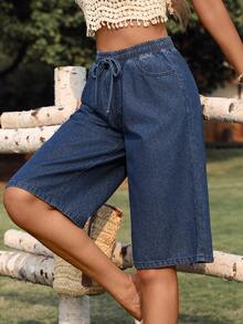 Breezaya Women's Casual Drawstring Waist Cropped Denim Jeans - Navy Blue - View 5