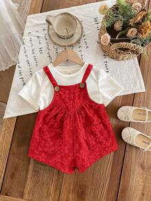 SHEIN LMoss Kids 女婴夏季休闲度假通勤纯色提花吊带连体衣 - 紅色 - 查看 3