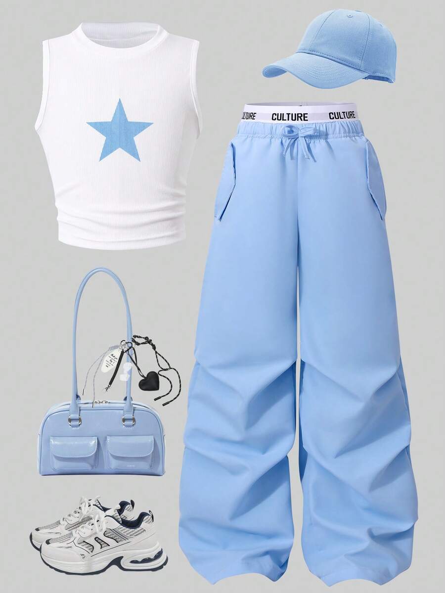 SHEIN ChillGRL 2 pièces/set Débardeur à cordon de serrage avec imprimé étoile pour adolescentes, assorti avec un pantalon cargo à poches blocs de couleurs à la taille. Style de rue décontracté, printemps/été - Bleu ciel - Voir 1