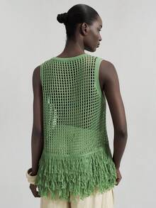 Ontre 2026 New Vacation Style Bohemian Women's Clothing, Fringe Hem Hollow Out Knit Sleeveless Top, Linen Pullover Knit Tank Top, V-Neck Design Vacation Style Ladies Vacation Outfit Country Music Festival Bohemian Clothing Beach Clothing, All Season  Ins Celebrity Same Style Vacation Style, Exotic Atmosphere, Country Concert, Western Style Clothing, High-Grade Fabric, Comfortable And Breathable Bohemian Style Vacation Wear - Green - View 2