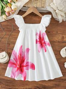 SHEIN 小女孩碎花印花短袖褶皱可爱连衣裙 - 白色 - 查看 3