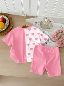 SHEIN 2pcs/Set Baju Lengan Pendek dan Celana Pendek Motif Balerina & Cappuccino Lucu untuk Anak Perempuan, Cocok untuk Musim Panas, Kembali ke Sekolah - MultiWarna - View 4