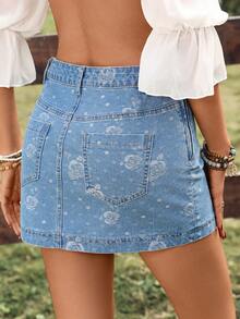 Breezaya 女士夏季度假提花牛仔迷你裙 - 中等水洗藍 - 查看 10