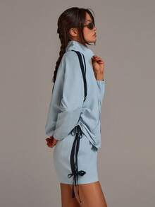 Athîral 女士侧条纹插肩袖休闲运动夹克 - 藍色 - 查看 6