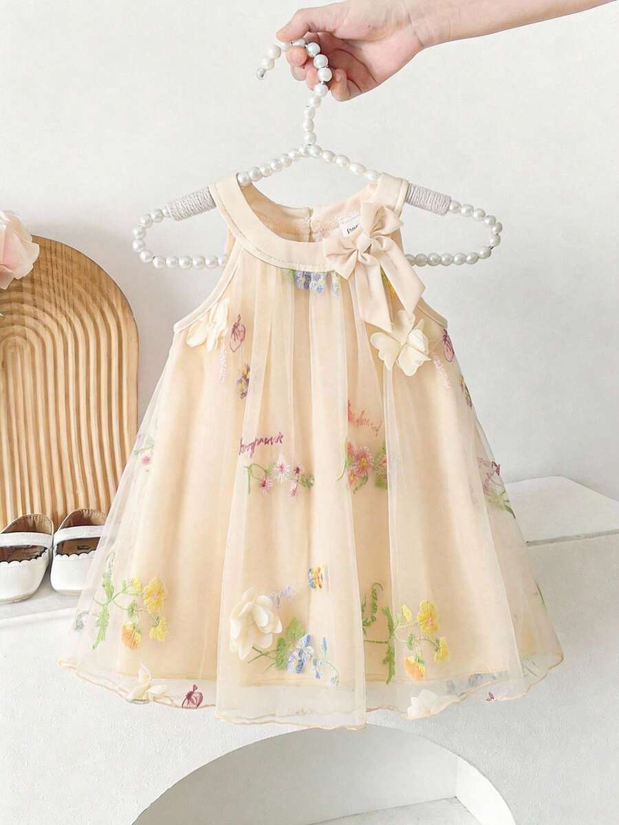 SHEIN Infant/Baby GirlApricot Embroidered Sleeveless A-Line Princess Dress With Bow, Sweet Round Neck, Versatile For Daily Outings, Spring - Apricot - View 1